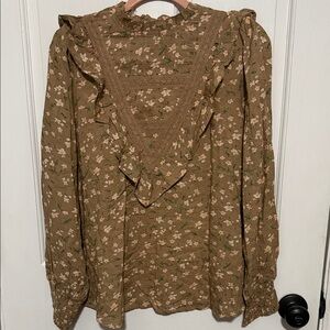 Easel Floral Ruffle Blouse - Olive